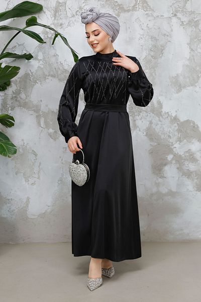 Neva Style Rochie neagră din satin hijab cu mărgele 65880S