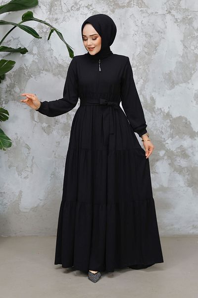 Neva Style Layered Pleated Black Hijab Abaya 80781S