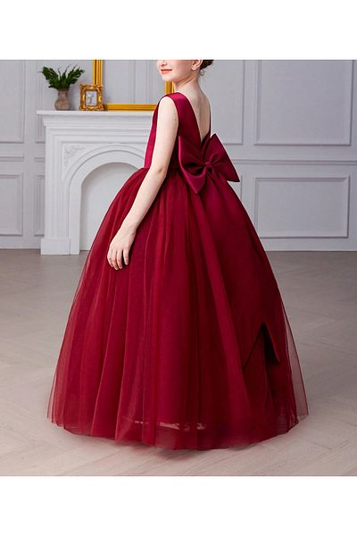 HSNLİFE Girls' Akasya Model Burgundy Color V Neck Simple Stylish Long Evening Dress Graduation Dress
