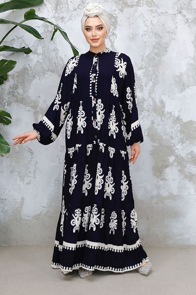 Neva Style Floral Print Navy Blue Hijab Dress 25491L