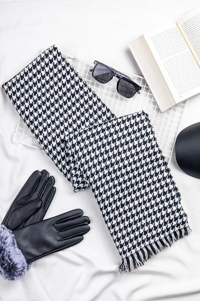 Luminos Butik Women's Black Houndstooth Patterned Scarf - Shawl 70x180 Cm Sal1220