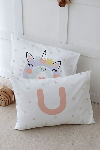 Tuğba Kuğu Μαξιλαροθήκη 2 τεμαχίων με σχέδιο Unicorn - Salmon, 50x70, Letter U