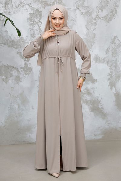 Neva Style Zippered Beige Hijab Abaya 81291Bej