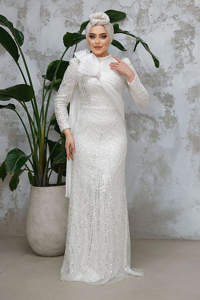 Neva Style Hijab Evening Dress - Beaded White Hijab Evening Dress 50541B
