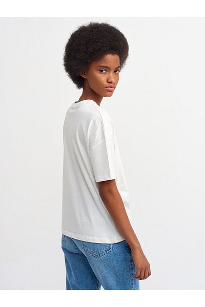Dilvin Crew Neck Ecru Basic T-Shirt