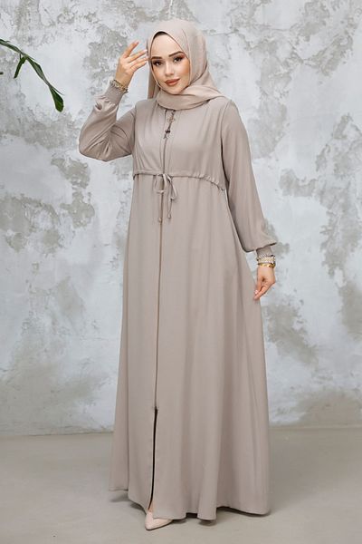 Neva Style Zippered Beige Hijab Abaya 81291Bej