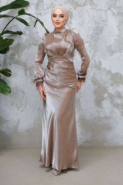 Neva Style Hijab Evening Dress - Feather Detailed Mink Hijab Evening Dress 50481V
