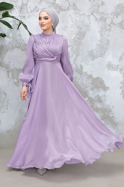 Neva Style Rochie de seara cu hijab - Rochie de seara hijab liliac cu detaliu drapat 4823lıla