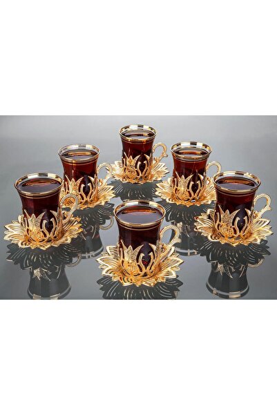 BUSEM Ahsen Çay Seti 6 Kişilik 18 Parça Altın Renkli Çay Seti