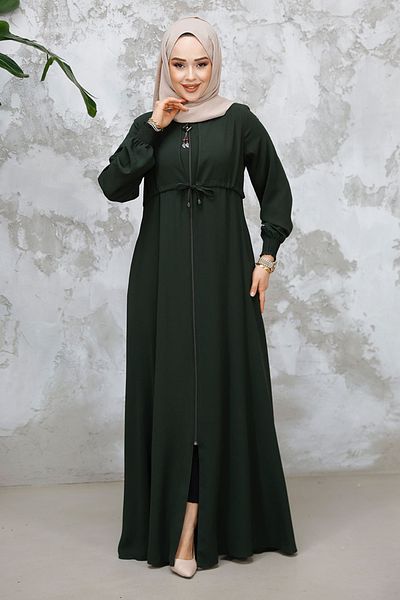 Neva Style Dark Khaki Zippered Hijab Abaya - 81291Khk