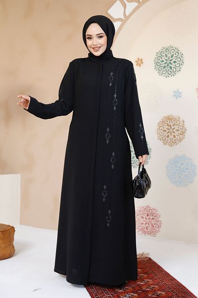 Neva Style Hijab negru brodat cu margele Ferace 61358s