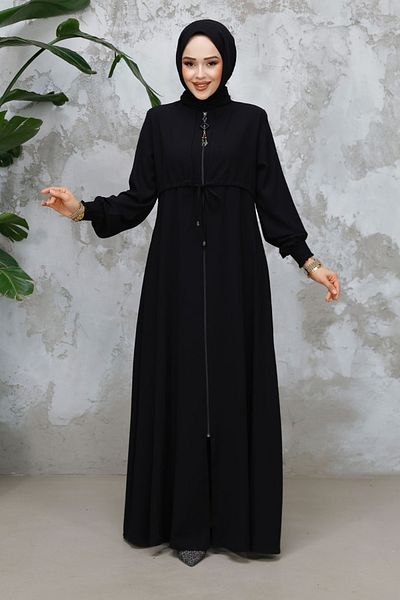 Neva Style Zippered Black Hijab Abaya 81291S