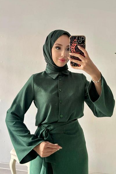 Tesettür Diyarı Emerald Green Linen Suit - Wrap Skirt