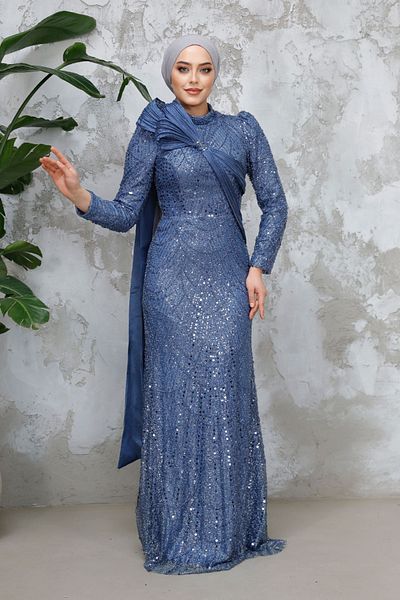 Neva Style Hijab Evening Dress - Beaded Indigo Blue Hijab Evening Dress 50541ım