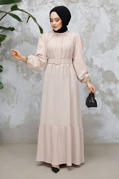 Neva Style Beige Hijab Dress with Buckle and Belt, Model 65878Beige