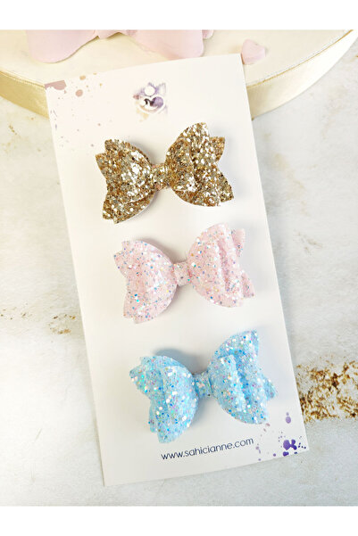Sahici Anne 3'lü Glittery Double Fiyonk Klipsli Çocuk Tokası Seti - Açık Gold...