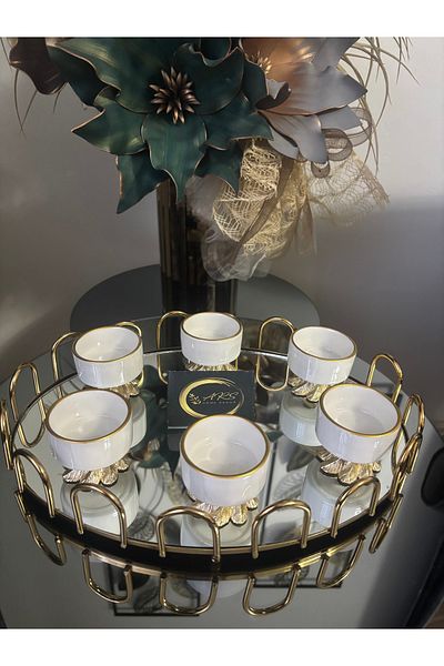 ARS HOME DEKOR Special Design Porcelain Gold Gilded Round Metal Leg 6-Piece Coffee Side Turkish Delight Bowl, Sauce Bowl, Jam Bowl