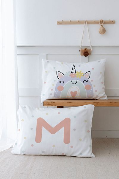 Tuğba Kuğu 2 Μαξιλαροθήκες (50x70) Salmon Unicorn - Letter Series - Letter M