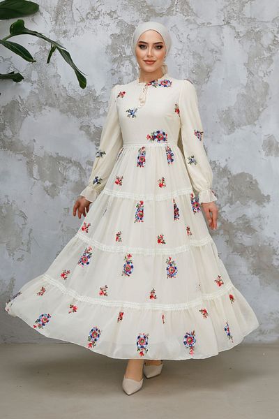 Neva Style Rochie Hijab Ecru cu Motiv Floral 32816E