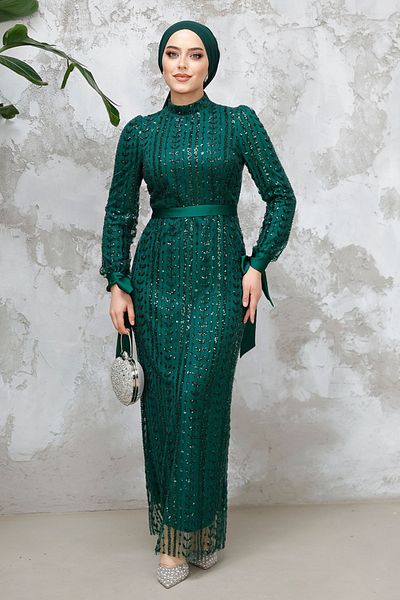 Neva Style Beaded Emerald Green Hijab Evening Dress 4891Zy