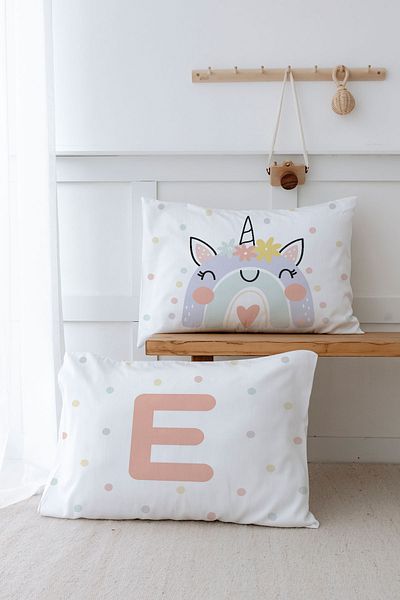Tuğba Kuğu 2 Μαξιλαροθήκες (35X45) Salmon Unicorn - Letter Series - Letter E