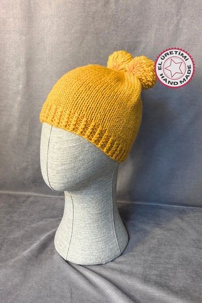 Uretti - Tuğba 9352 Hand Knitted Pompom Boy's Beret - Mustard