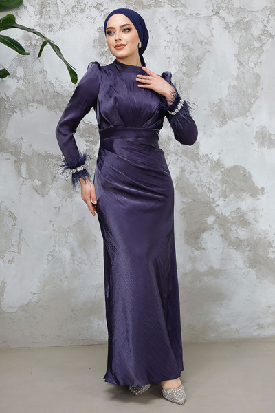 Neva Style Feather Detailed Navy Blue Hijab Evening Dress 50481L