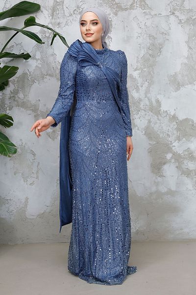 Neva Style Hijab Evening Dress - Beaded Indigo Blue Hijab Evening Dress 50541ım