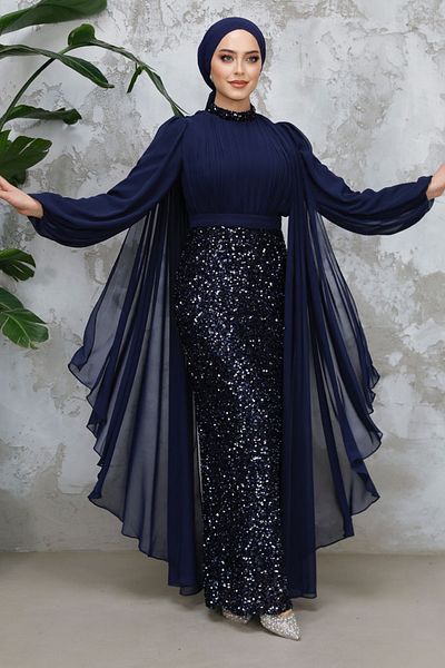 Neva Style Hijab Evening Dress - Sequined Navy Blue Hijab Evening Dress 50231L