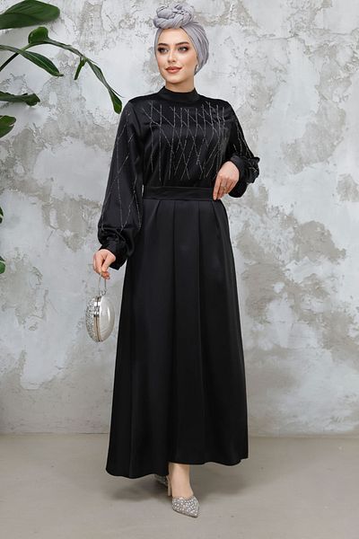 Neva Style Rochie neagră din satin hijab cu mărgele 65880S