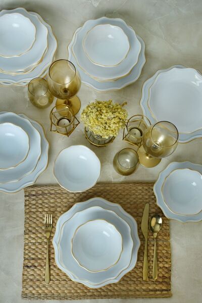 Keramika Beyaz Gold File Romeo Yemek Takımı 24 Parça 6 Kişilik