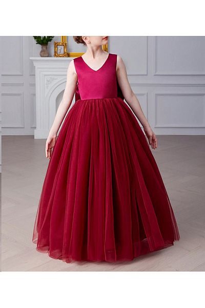 HSNLİFE Girls' Akasya Model Burgundy Color V Neck Simple Stylish Long Evening Dress Graduation Dress