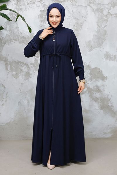 Neva Style Zippered Navy Blue Hijab Abaya 81291L