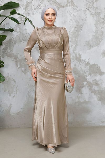Neva Style Hijab Evening Dress - Beige Hijab Evening Dress with Feather Detail 50481Bej