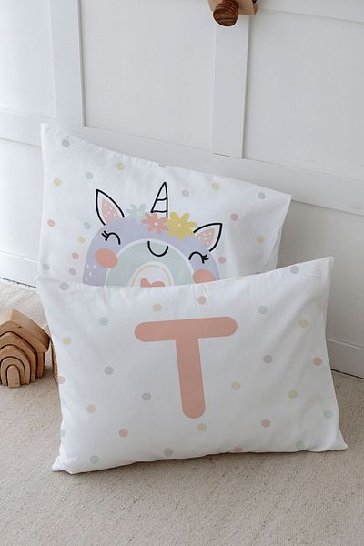 Tuğba Kuğu 2 Μαξιλαροθήκες (50x70) Salmon Unicorn - Letter Series - Letter T