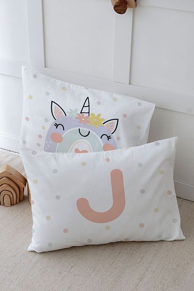 Tuğba Kuğu Μαξιλαροθήκη 2 τεμαχίων με μοτίβο Unicorn - Salmon, 50x70, Letter J