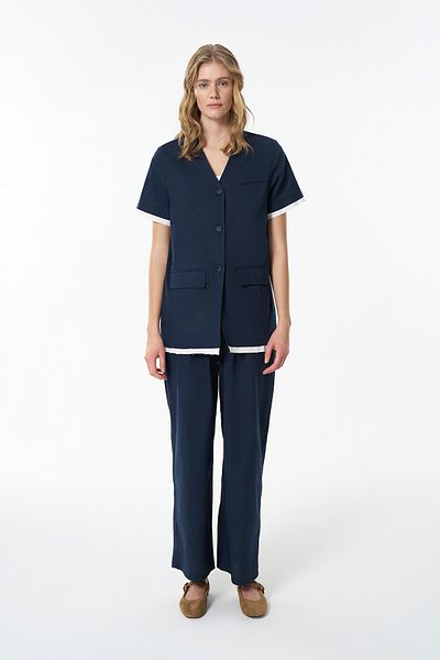 Quzu Garni Detailed Buttoned Short Sleeve Jacket Navy Blue