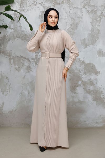 Neva Style Beige Hijab Dress with Buckle and Belt, Model 65879Beige