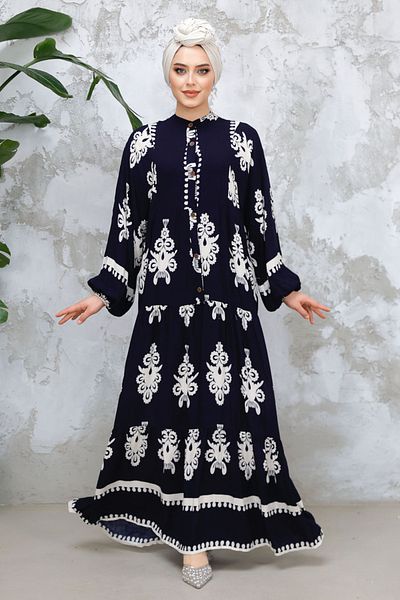 Neva Style Floral Print Navy Blue Hijab Dress 25491L