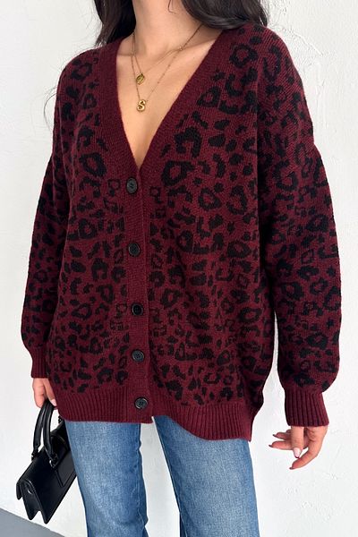 FEMELLE Cardigan de damă bordeaux mărime standard cu model leopard tricotaj supradimensionat