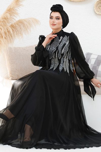 Neva Style Rochie de seară hijab neagră brodata cu margele 46401s