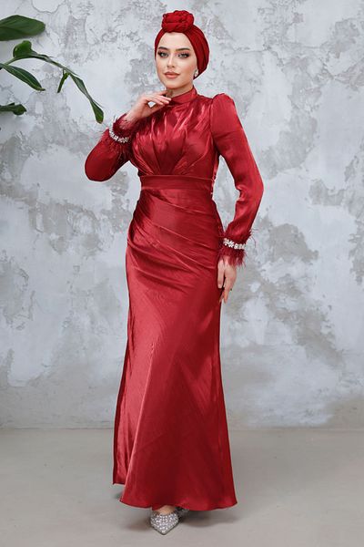 Neva Style Hijab Evening Dress - Burgundy Hijab Evening Dress with Feather Detail 50481Br