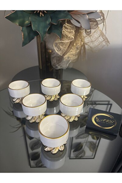 ARS HOME DEKOR Special Design Porcelain Gold Gilded Round Metal Leg 6-Piece Coffee Side Turkish Delight Bowl, Sauce Bowl, Jam Bowl