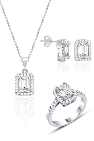 SİLVERA TELKARİ Baget Taşlı Gümüş Set Kadın 925 Ayar Gümüş Üçlü Set ST154