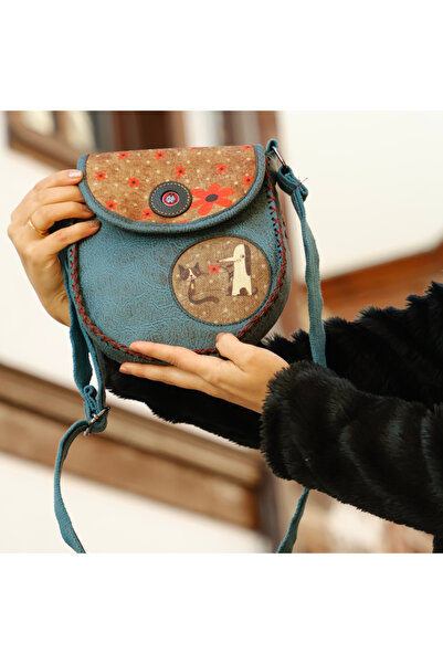 HOODİEMOUSE Tilki Figürlü Tasarımlı Capraz Örgulu Kol Cantası - Petrol