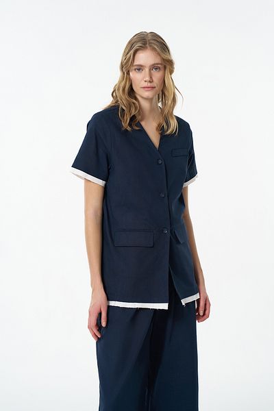 Quzu Garni Detailed Buttoned Short Sleeve Jacket Navy Blue