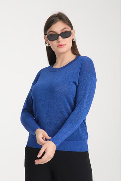 Coşkun GİYİM Bluză de damă din tricotaje din viscoză cu sclipici cu decolteu - Saxs Blue B7058