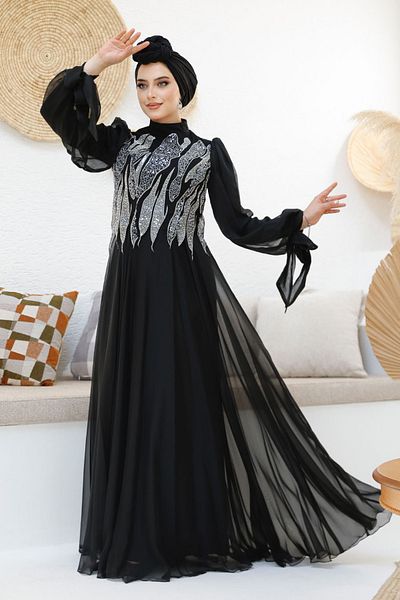 Neva Style Hijab Evening Dress - Beaded Black Hijab Evening Dress 46401S