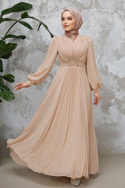 Neva Style Hijab Evening Dress - Beige Hijab Evening Dress with Drape Detail 4448Beige
