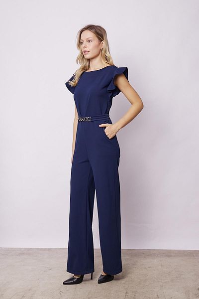 Jument Stylish Office Evening Dress in Navy - Lycra, Thick Crepe, Ruffled Sleeves and Accessories